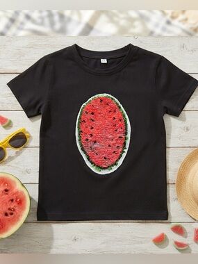 Watermelon Flip Sequin Tee Girls Size 5-6 Black Shirt